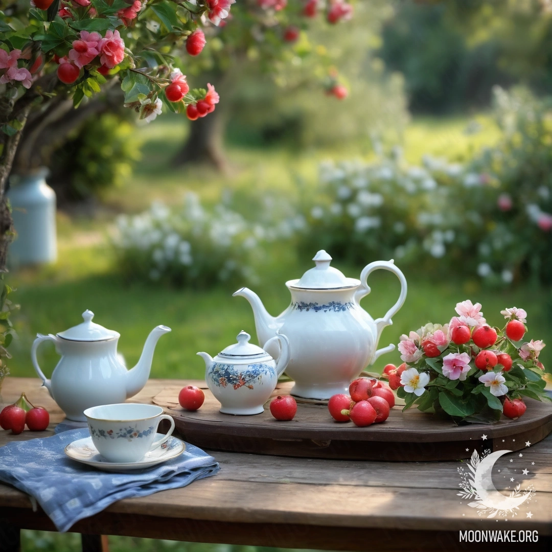 A shabby vintage table with cups, a teapot, berries, and flowers under an apple tree at night.