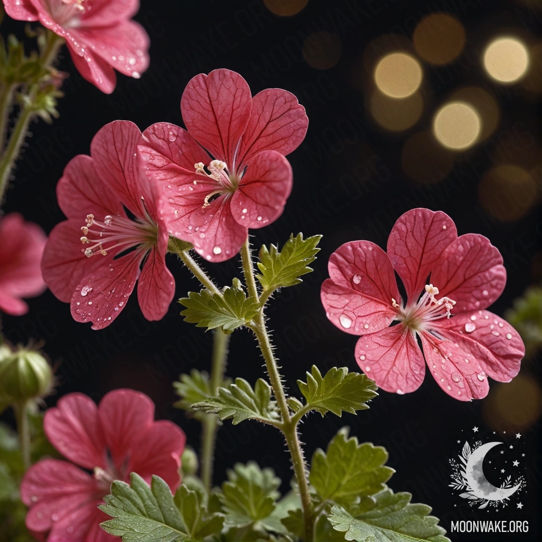 A sweet geranium in olive color, delicately illuminated at night, adorned with sequins.