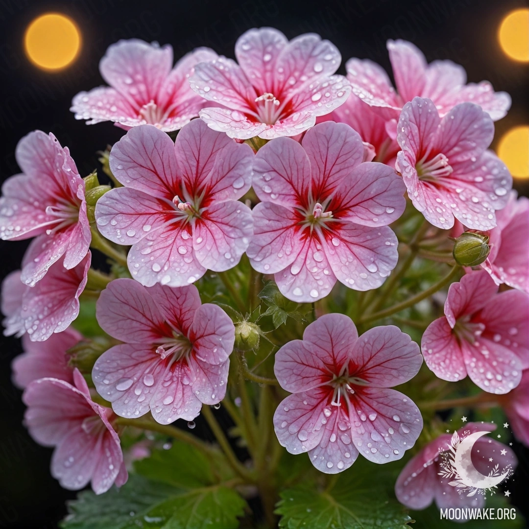 A bouquet of sweet yellow geraniums with dew drops at night.