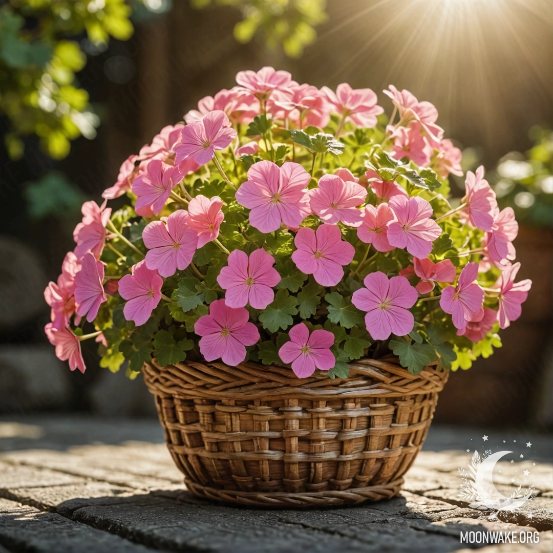 A golden basket filled with sweet geraniums basking in sunlight.