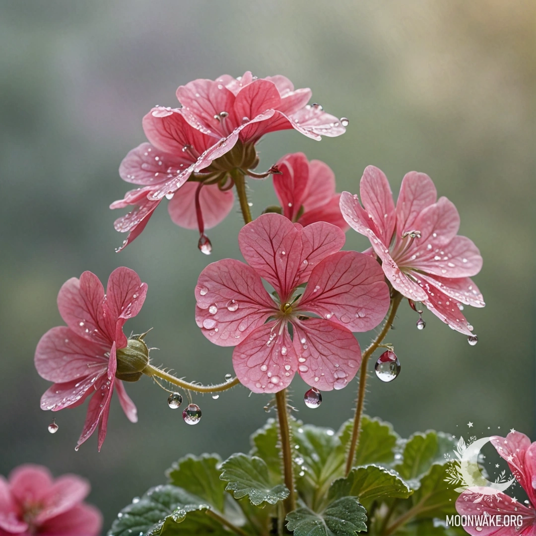 A sweet geranium surrounded by mist, adorned with golden rhinestones, creating an ethereal atmosphere.