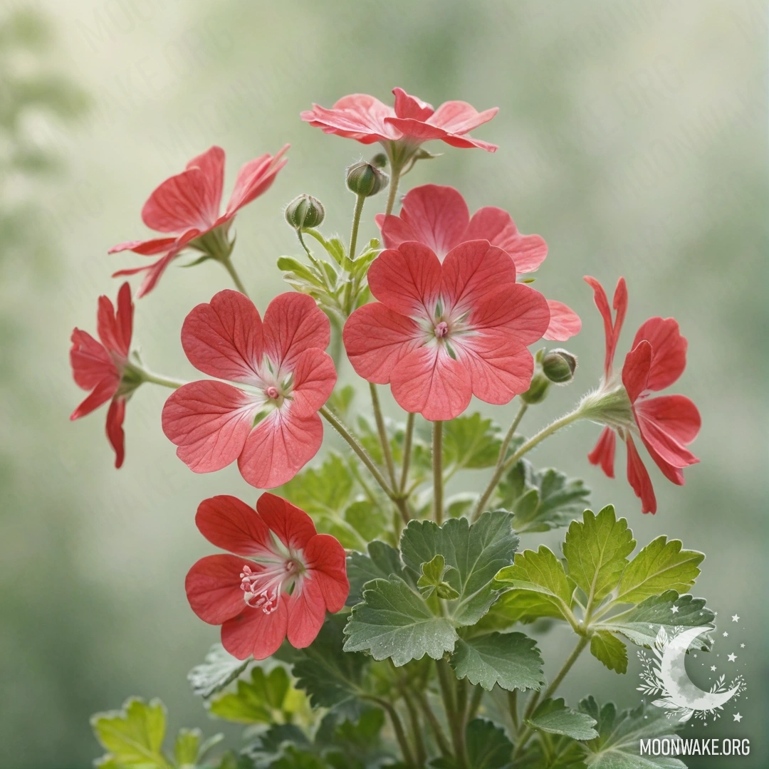A bouquet of sweet geranium in mist with sunny rays, sage color.