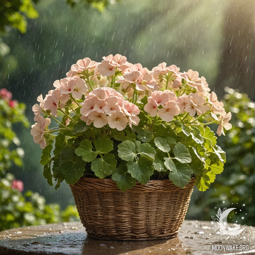 Sweet Geranium in Rain A basket holding a sweet geranium with cream yellow petals, glistening under the rain and sunlight.
