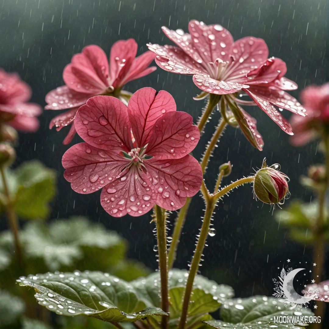 A sweet geranium flower with sequins in a coffee color under the rain.