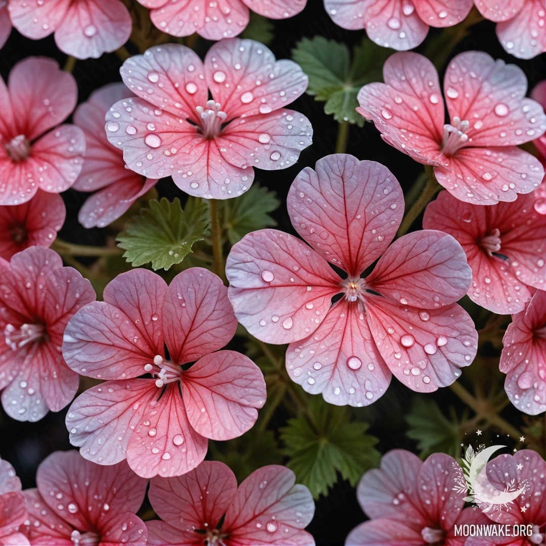 Sweet Geranium with Dew Drops at Night A delicate watercolor painting of sweet geraniums adorned with dew drops under the night sky.
