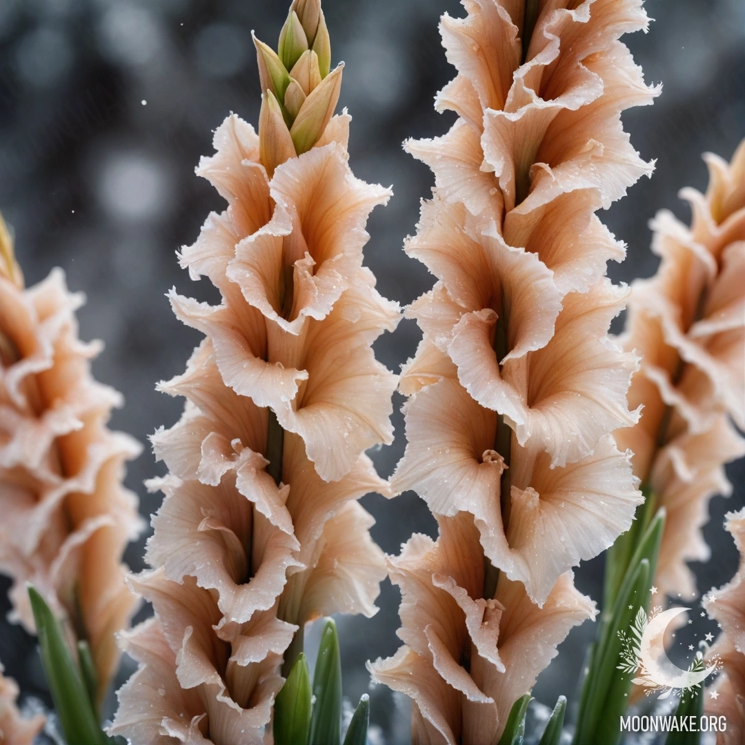 A bouquet of sweet gladiolus flowers covered in frost, showcasing coffee colors.