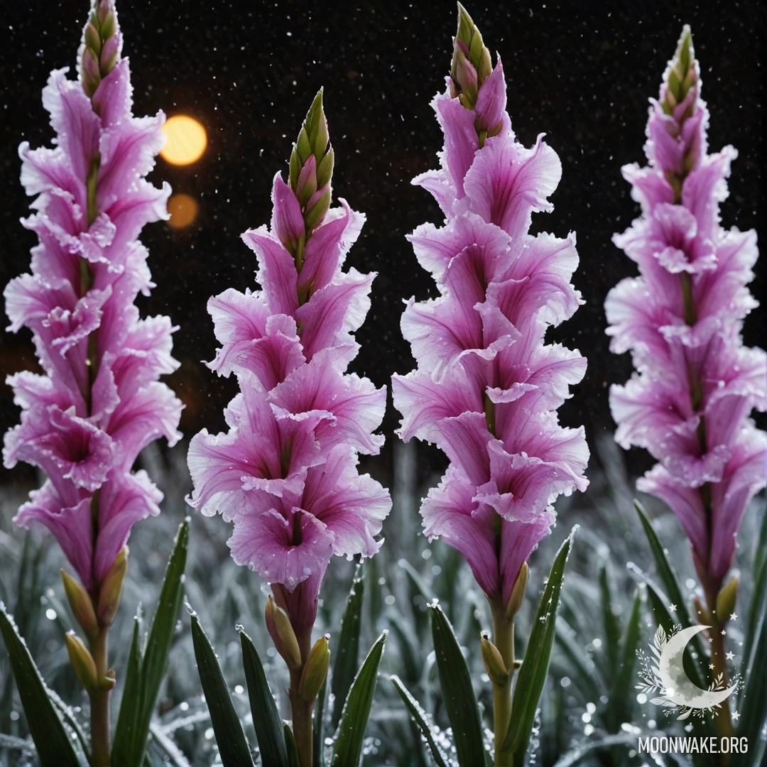 Sweet Gladiolus in Frosty Night A purple gladiolus flower surrounded by frost at night.