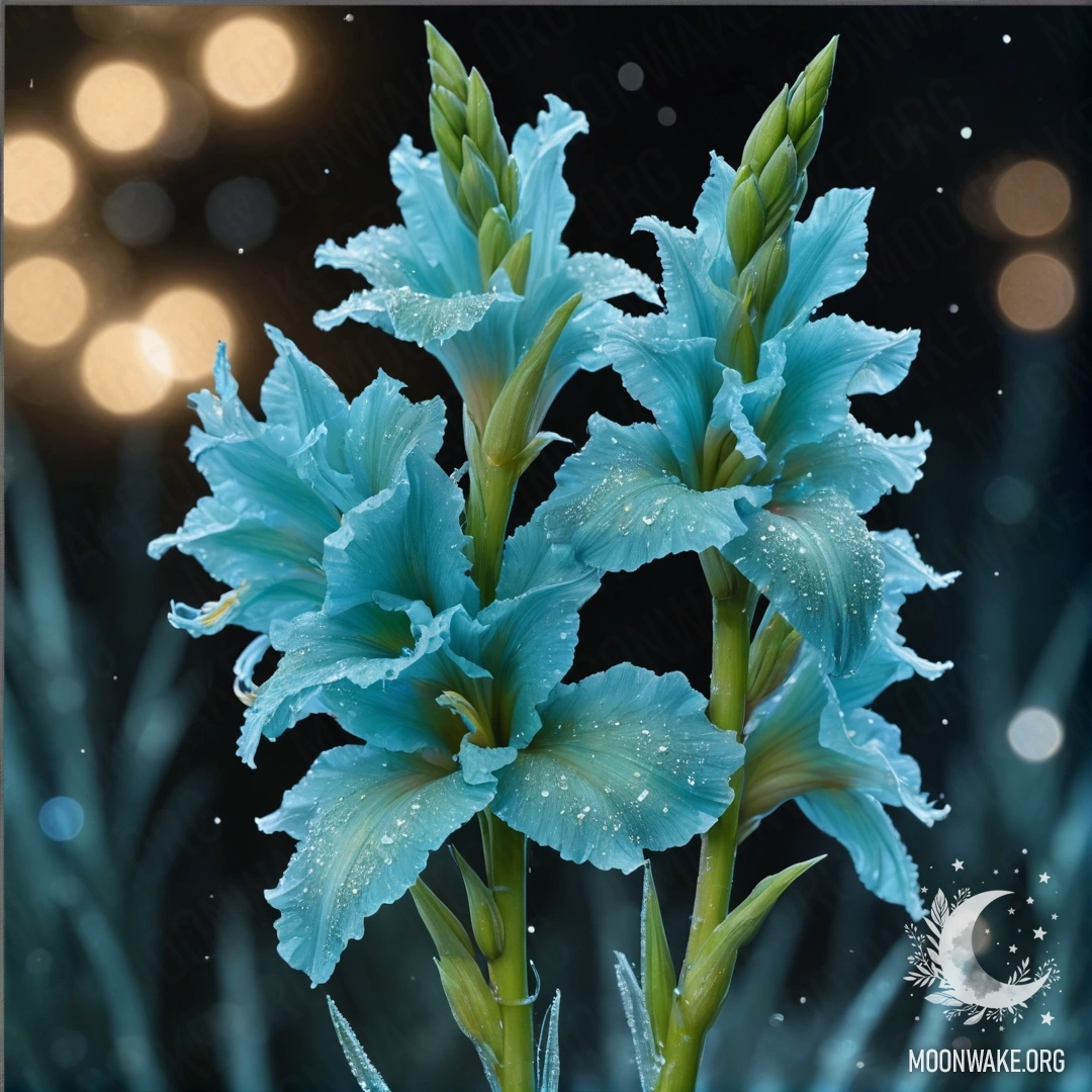 A sweet gladiolus flower covered in frost at night with sequins in greenish-blue colors.