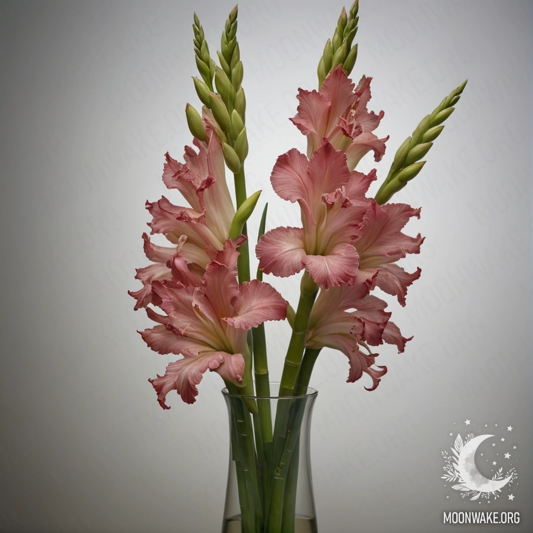 A delicate gladiolus flower in an olive-colored vase surrounded by fog.