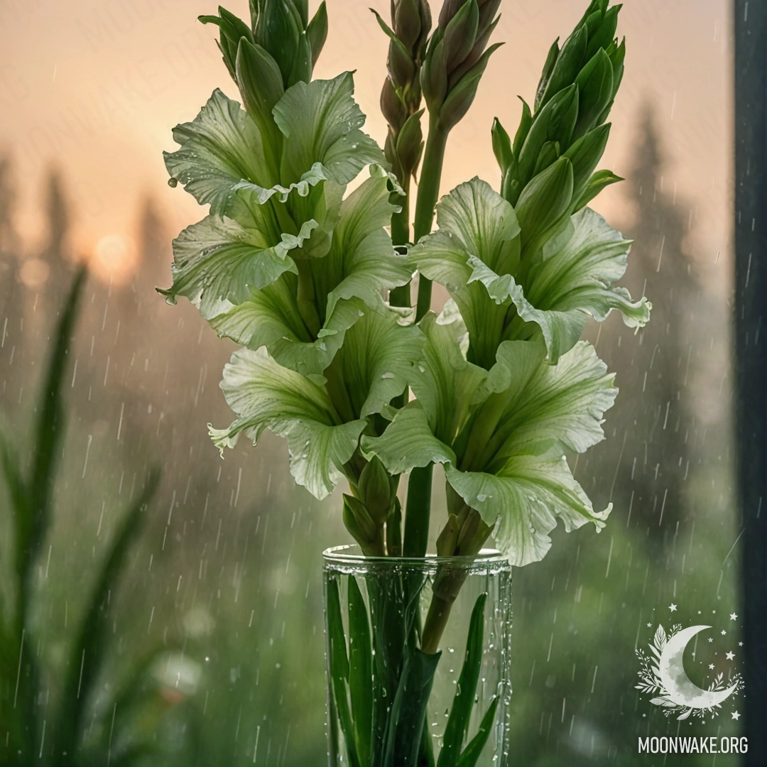 A delicate green gladiolus in a vase surrounded by mist and rain at sunset.