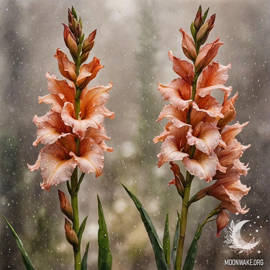 A delicate gladiolus flower amidst mist and rain, covered with sequins.