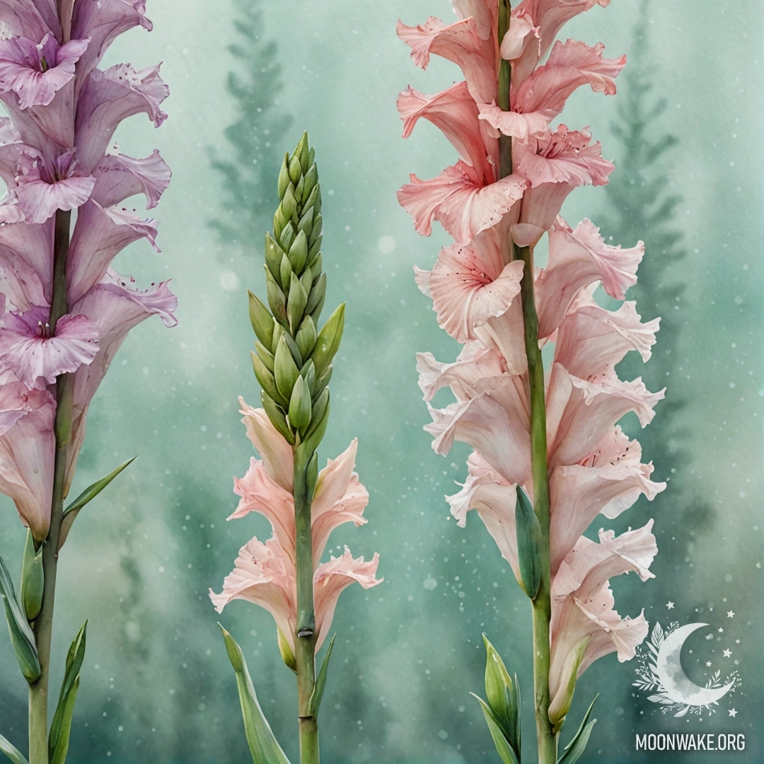 Aquamarine Sweet Gladiolus in the Mist A delicate aquamarine gladiolus surrounded by mist with sequins.