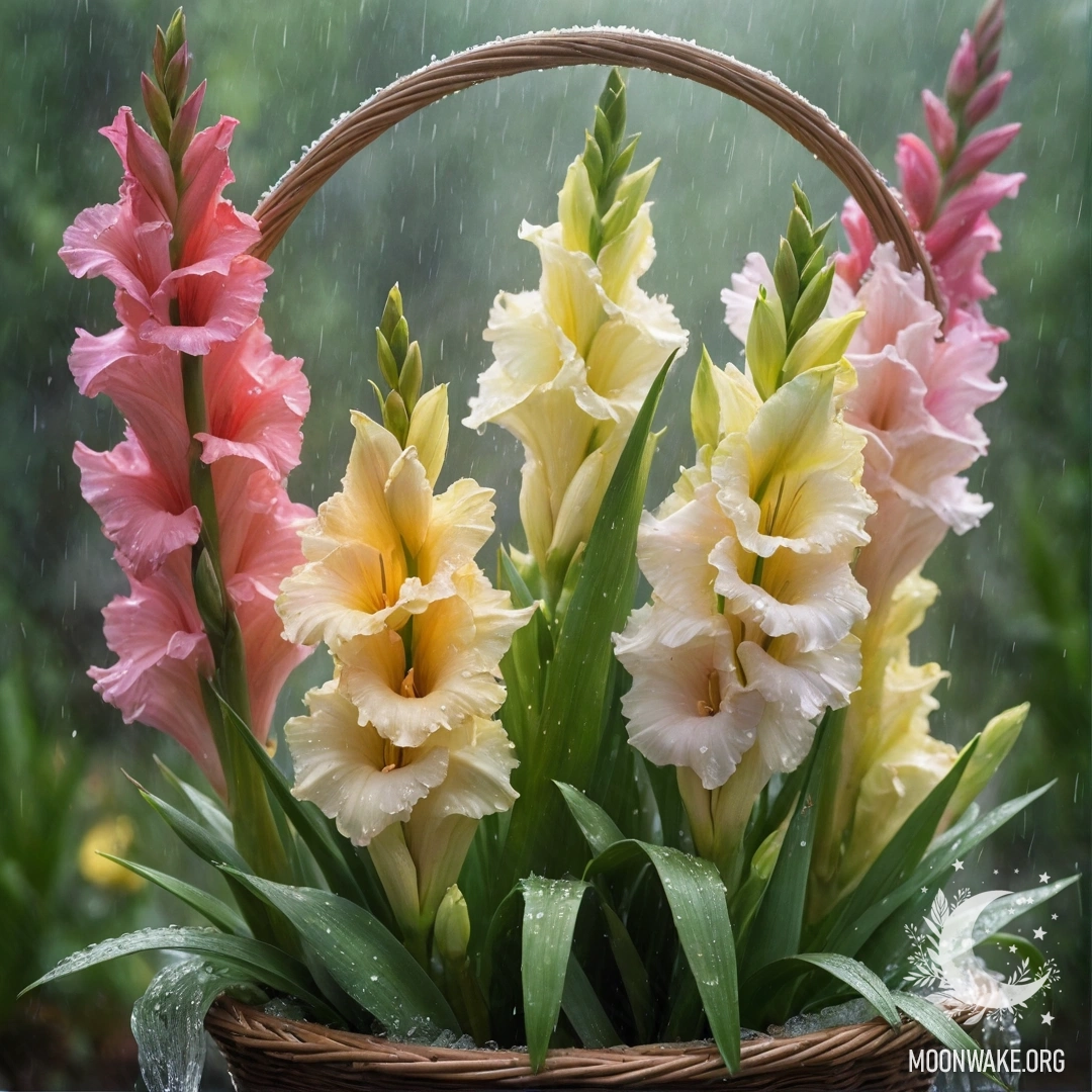 A sweet gladiolus in a basket surrounded by mist and rain with sunny rays.