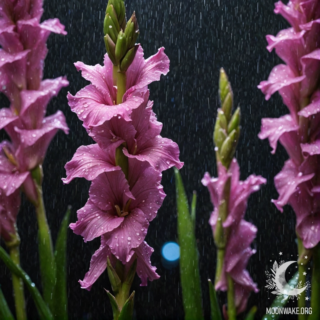 Sweet Gladiolus Under Rain at Night Purple gladiolus flowers soaking in the rain at night.