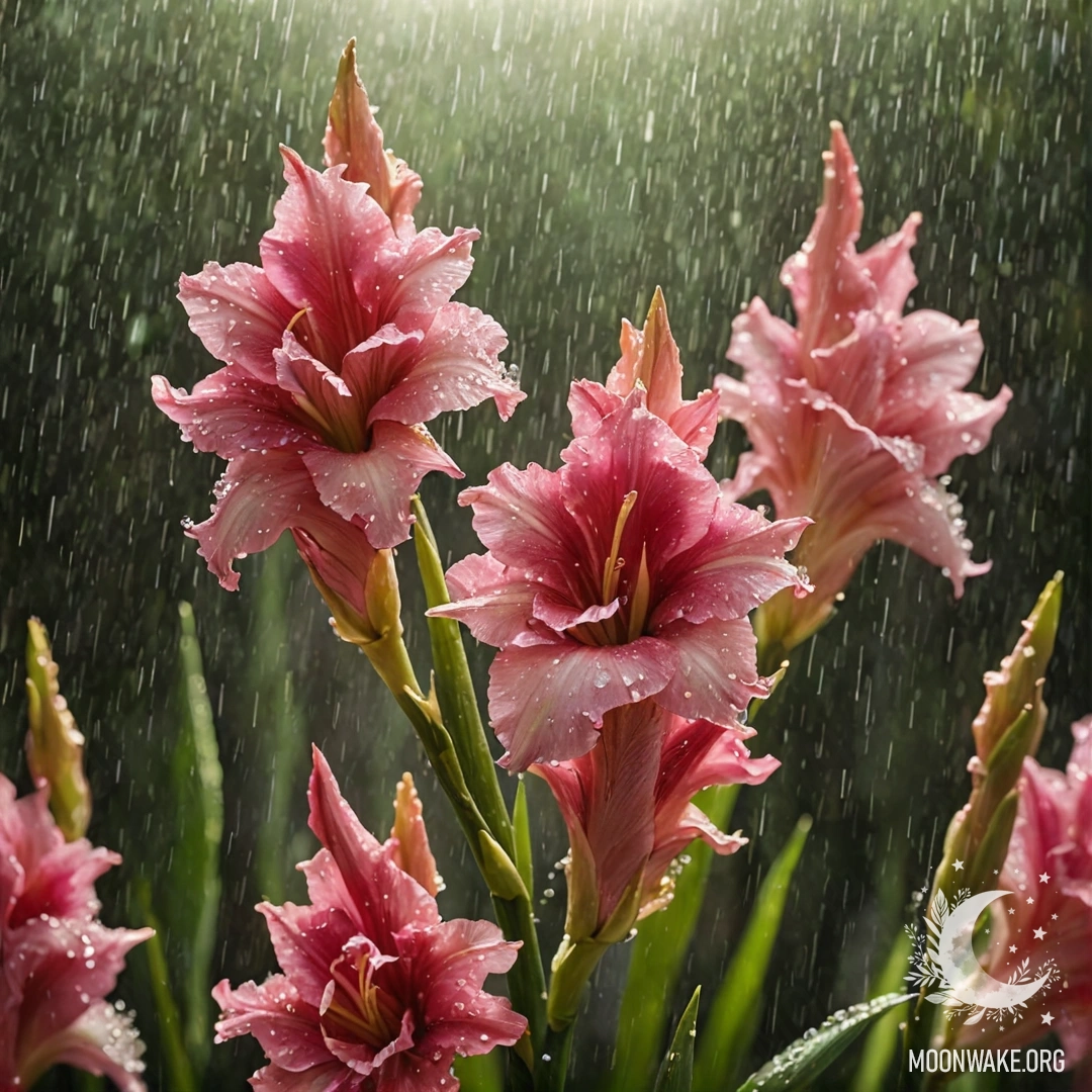A sweet olive-colored gladiolus flower under rain and sunny rays, sparkling with glitter.