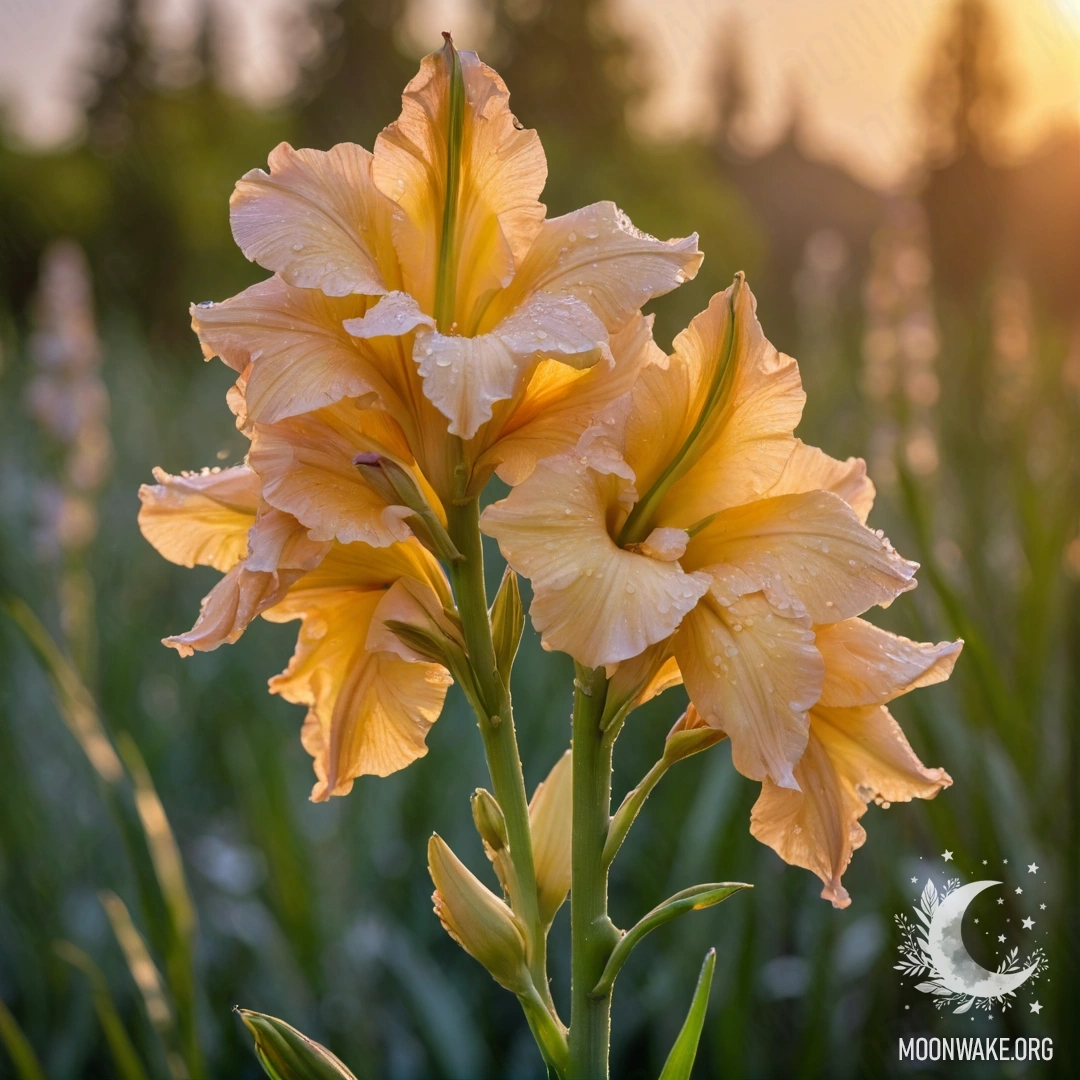 A lime-colored gladiolus with dew drops against a sunset background.