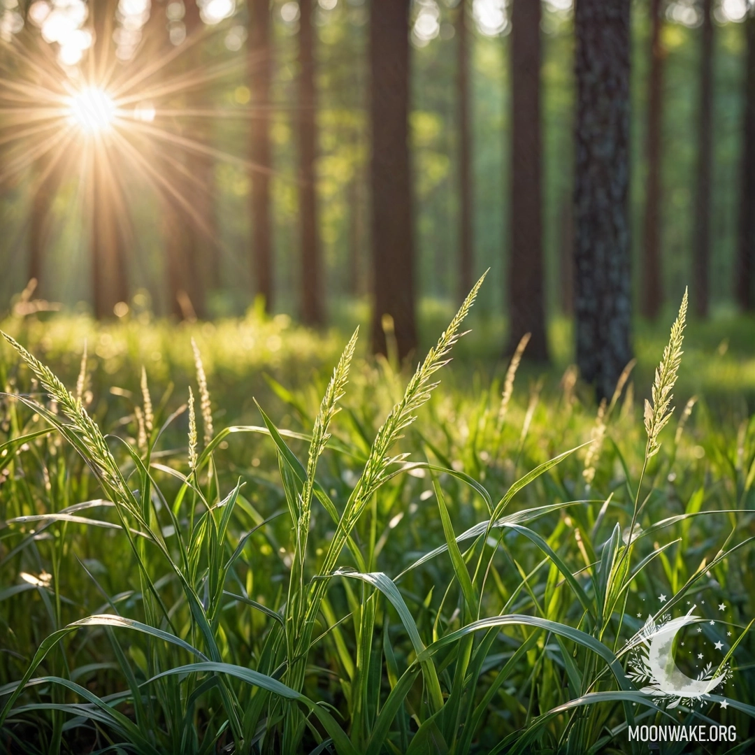 Close-up of sweet field grass illuminated by sunlight in a blurred forest.