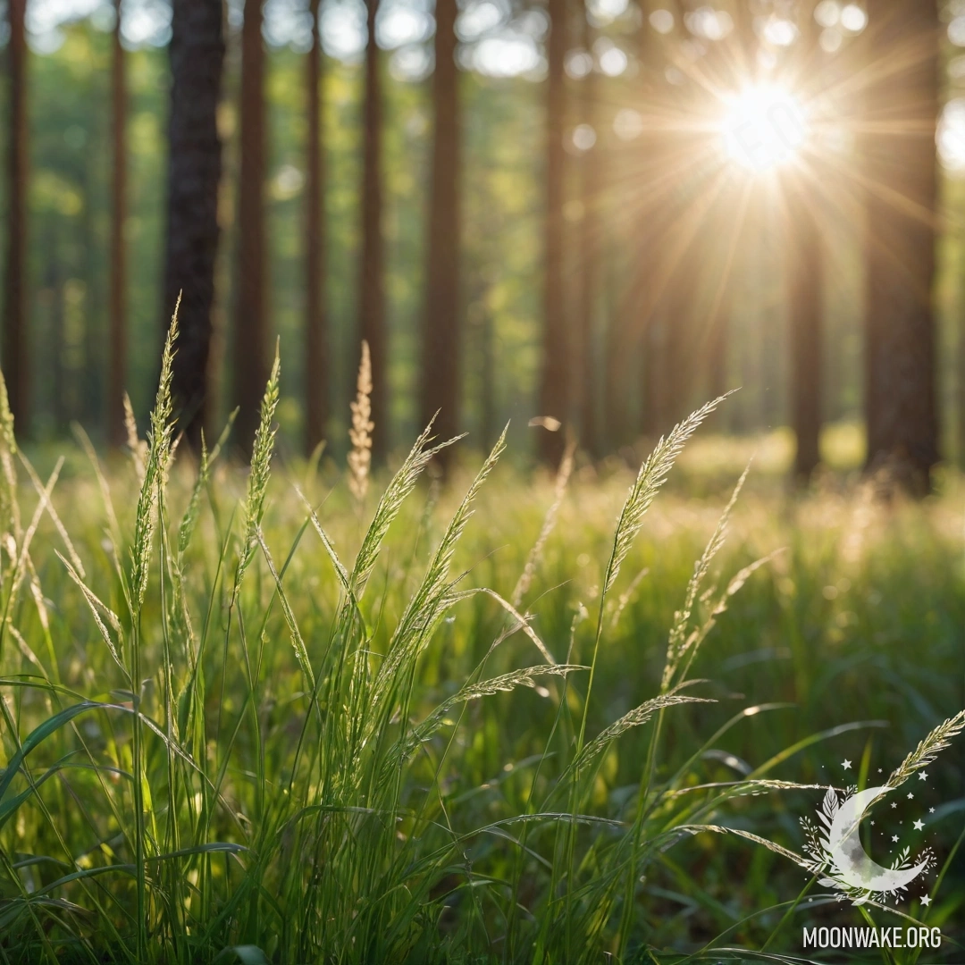 Close-up of sweet field grass with bokeh forest in the background and sun rays shining through the trees.
