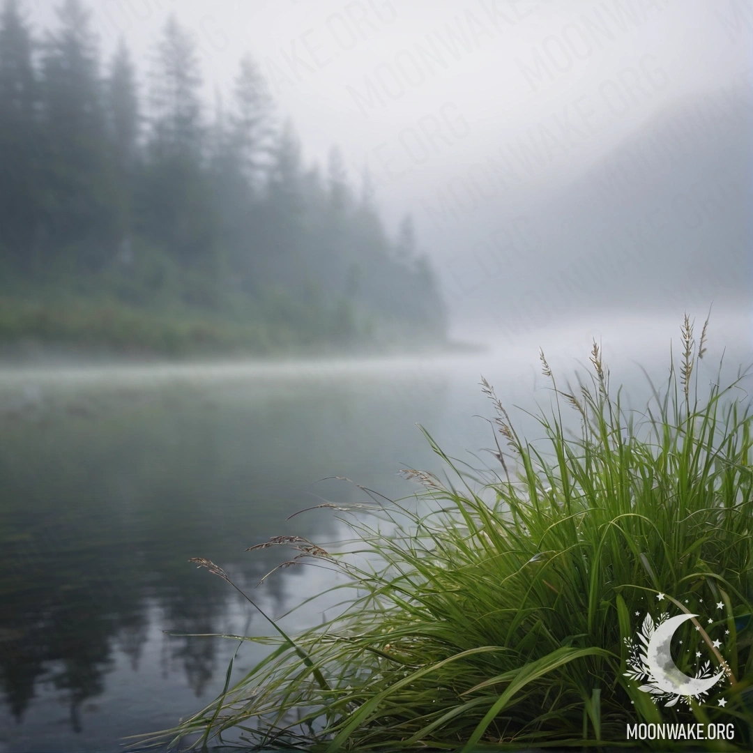 Close-up of sweet grass with a blurred background of a mountain lake shrouded in dense mist.