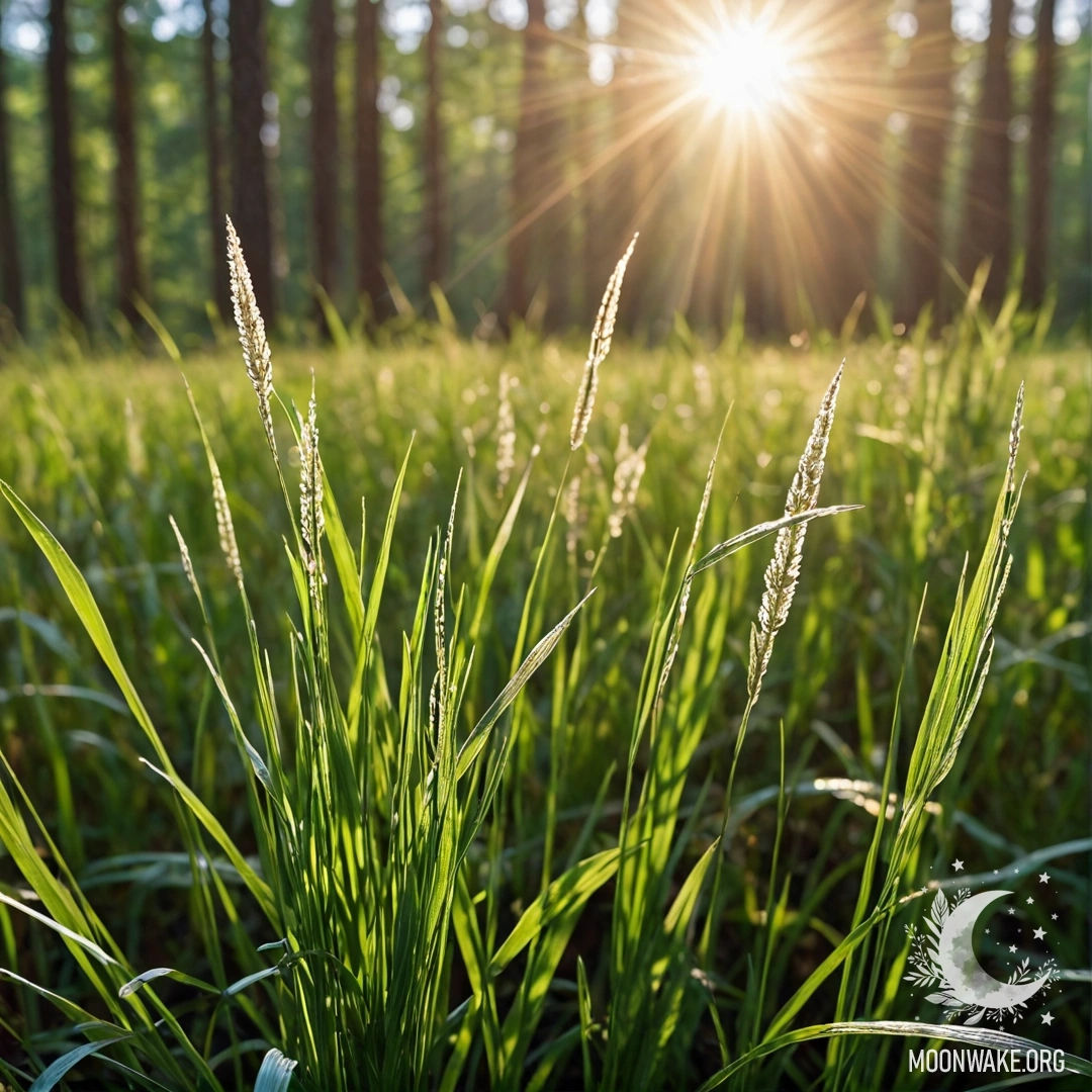 Close-up of grass in a field with a blurred forest background and sun rays.