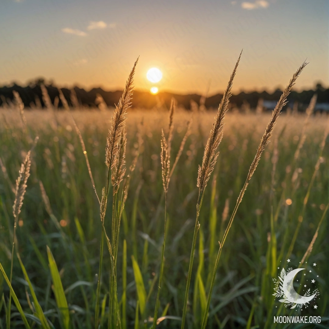 Close-up view of sweet field grass illuminated by sunset bokeh.
