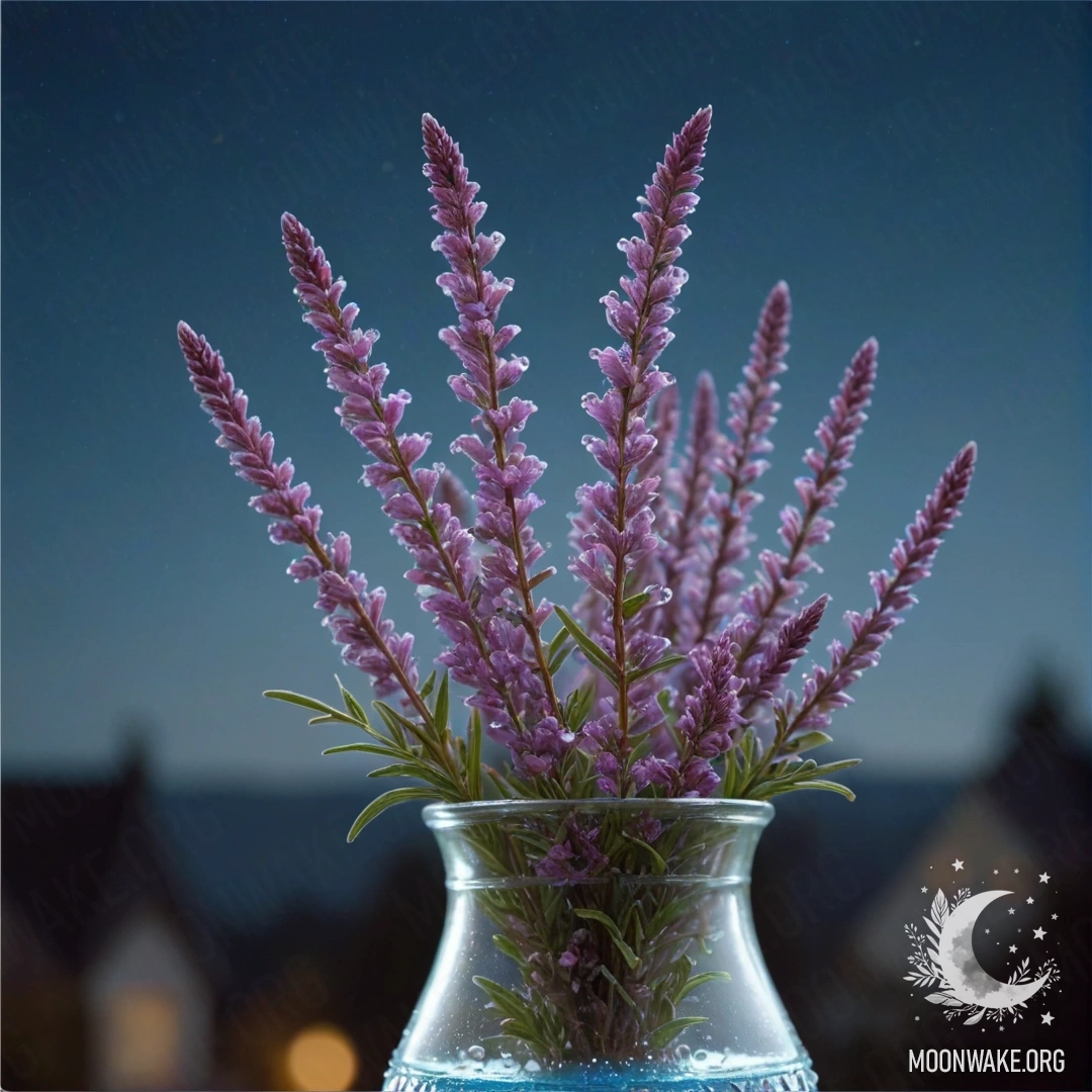 A vase filled with sweet heather adorned with dew drops at night.
