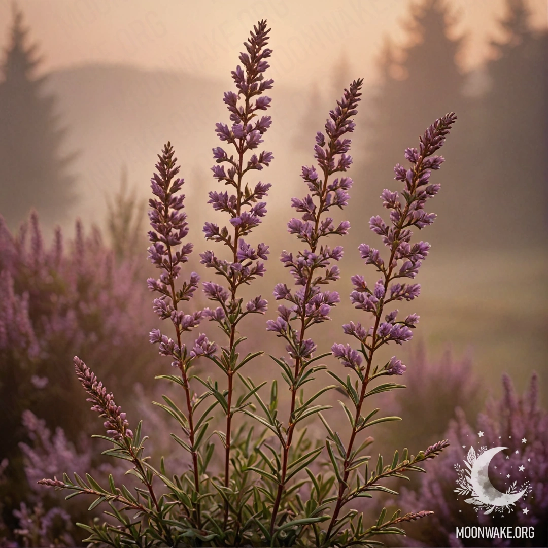 A bouquet of heather in soft coffee tones surrounded by fog at sunset.