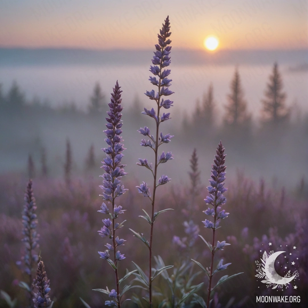 A serene scene of sweet heather in fog during sunset, featuring sequins in the sky blue color, depicted in an ink wash painting style.