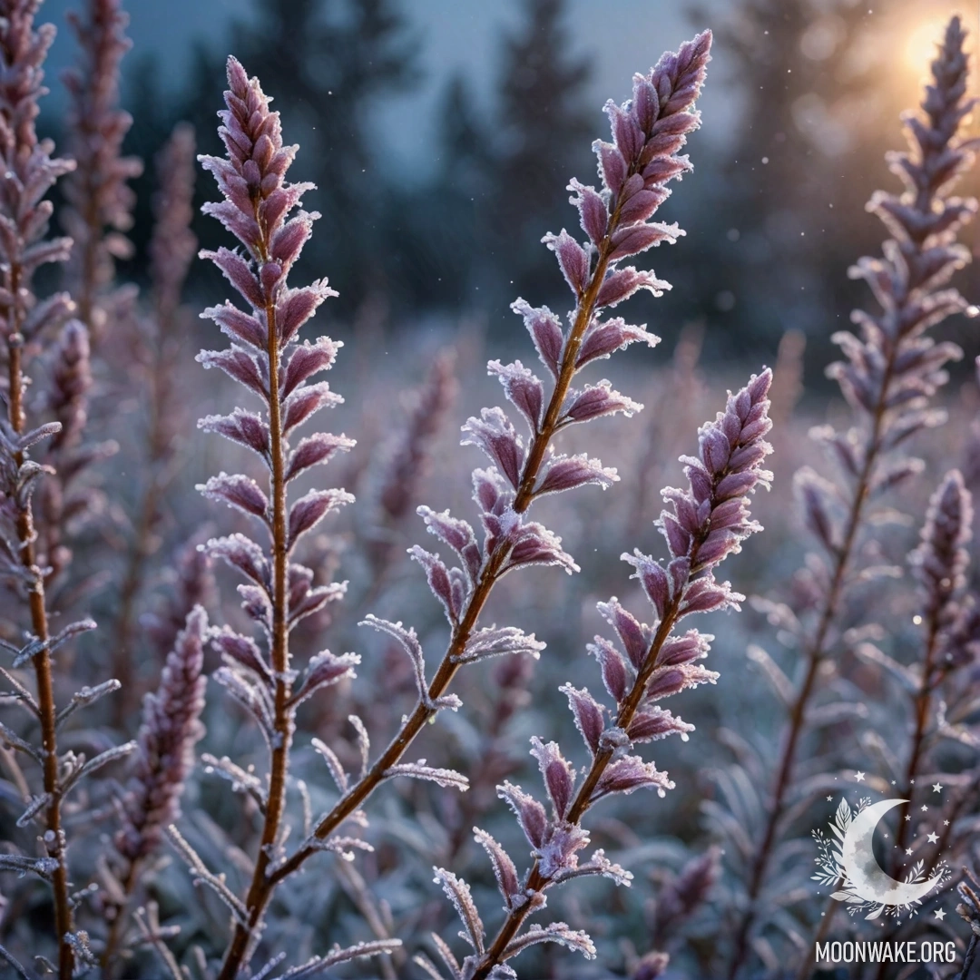 A delicate heather covered with frost under a starry night sky.