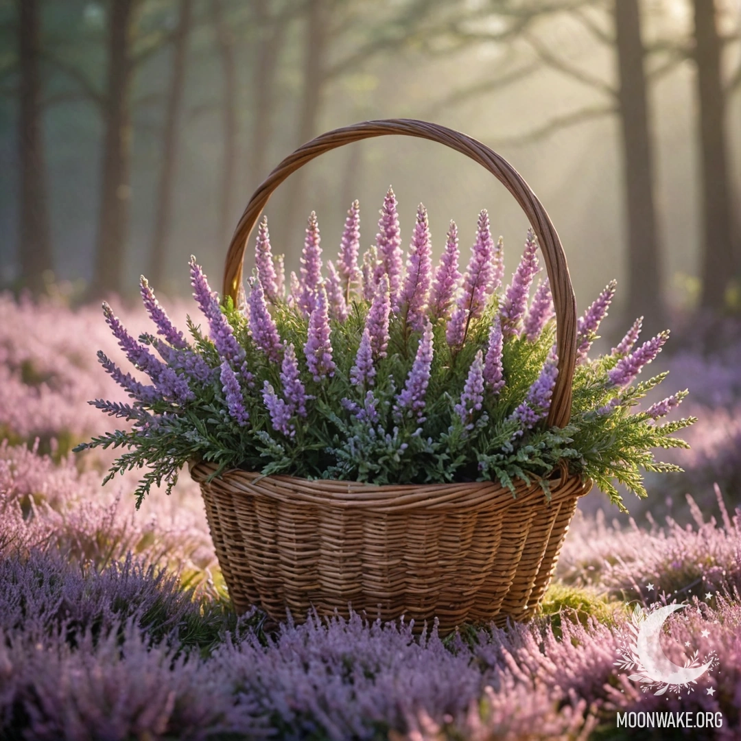 Sweet Heather in the Mist A basket filled with sweet heather bathed in soft sunlight.