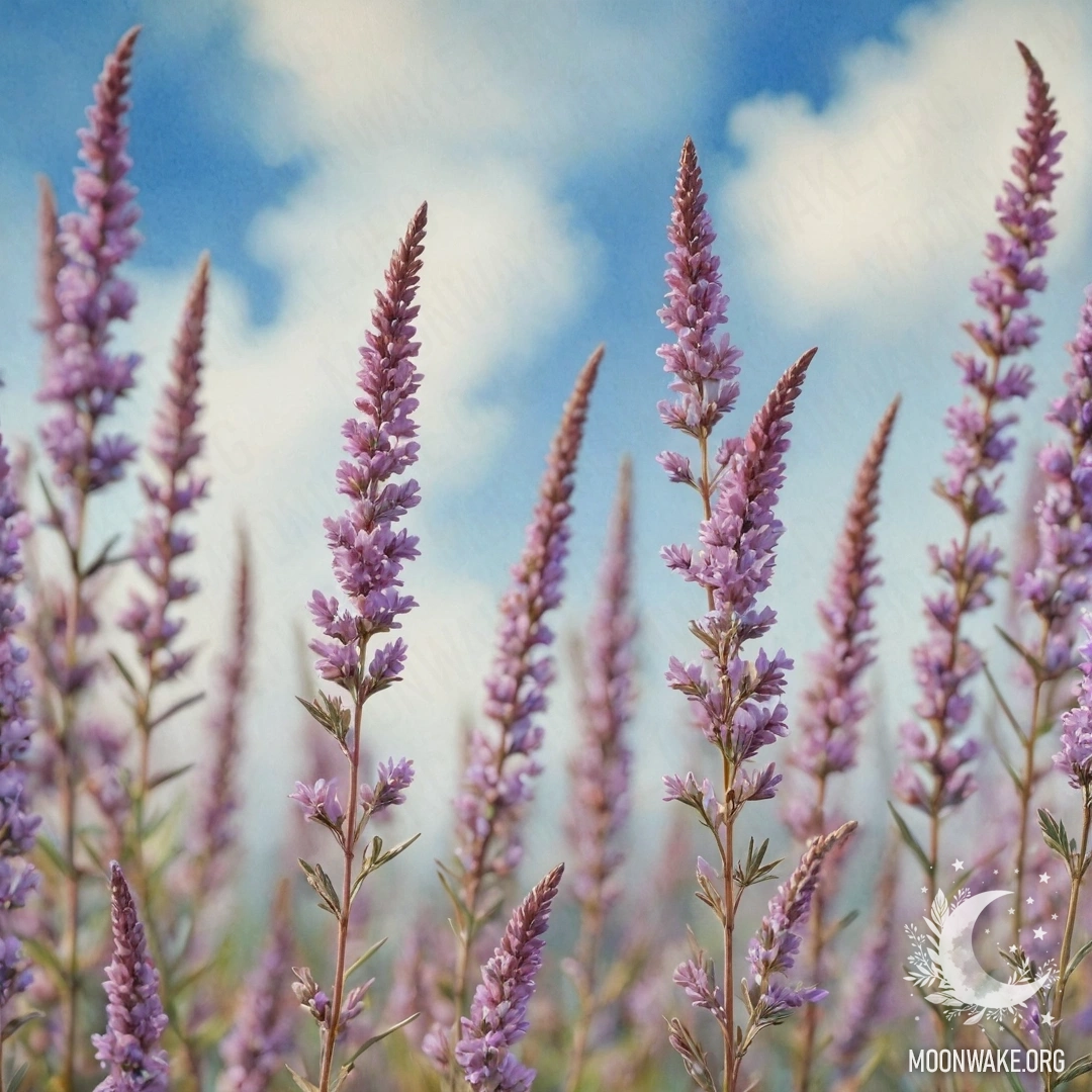 Sweet Heather in Sky Blue A watercolor painting featuring soft heather flowers on a sky blue background.