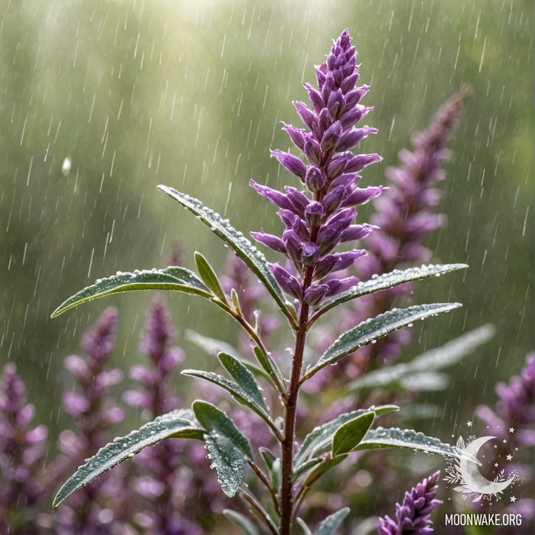 Sweet Heather in Rain and Sunlight A serene scene featuring soft heather under gentle rain, illuminated by sunlight and glimmering with a sage hue.