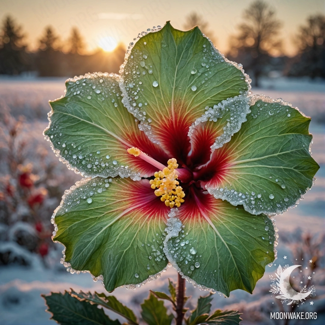 A sweet hibiscus flower surrounded by frost during sunset, adorned with rhinestones in shades of green.