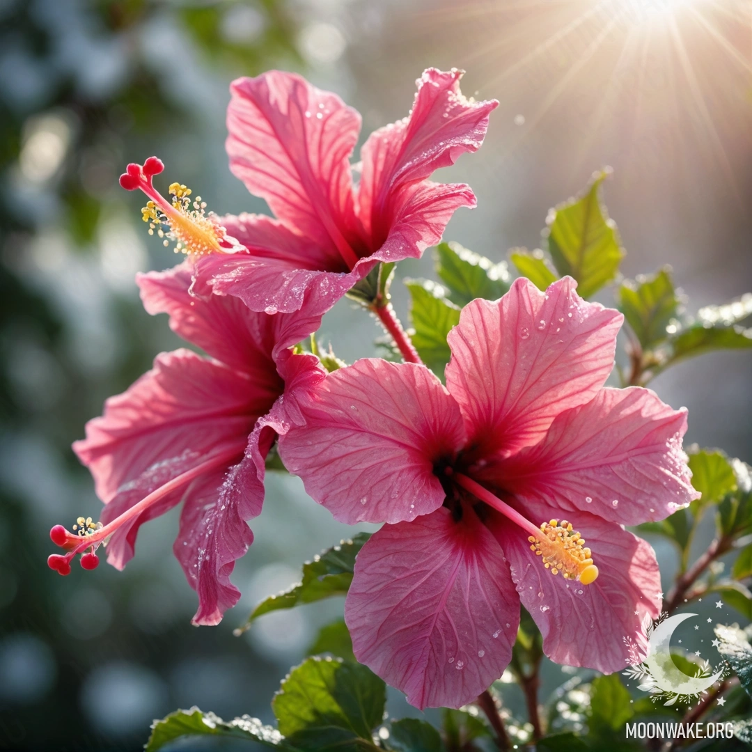 A bouquet of fuchsia hibiscus flowers glistening with frost under sunny rays.