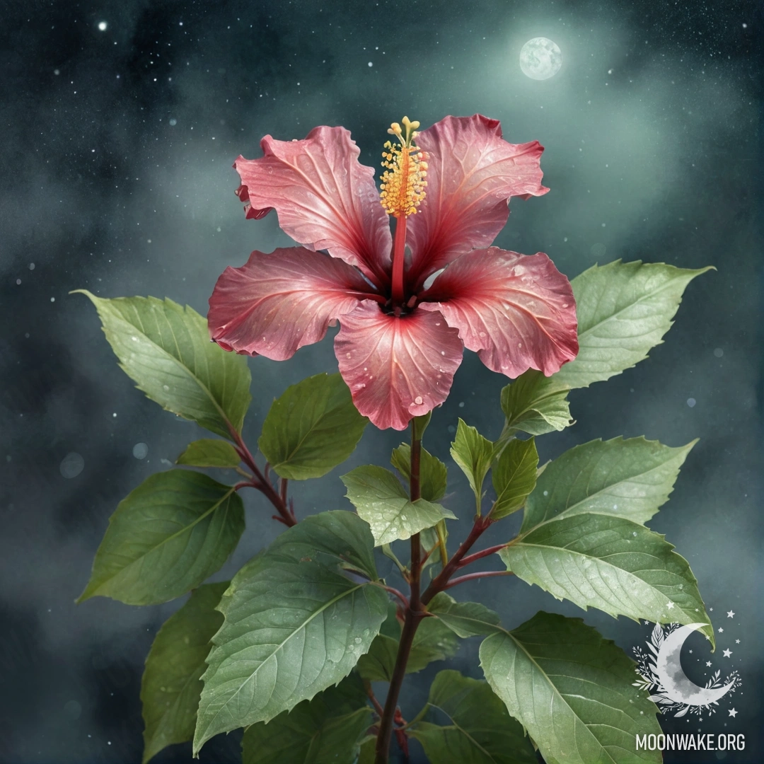 A watercolor painting of a sweet hibiscus in the mist at night with glittering sage colors.