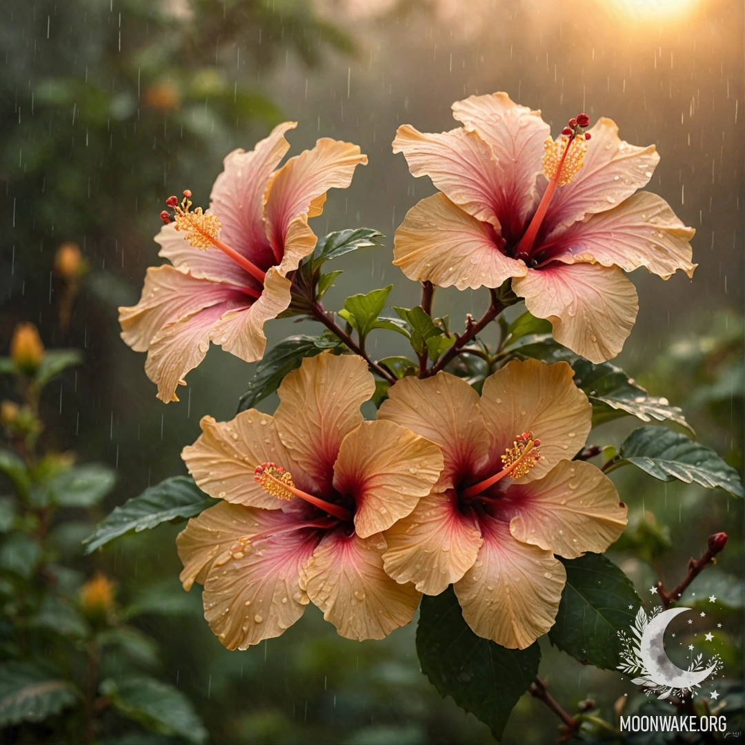 A delicate hibiscus flower in mist under the rain at sunset, with golden hues.