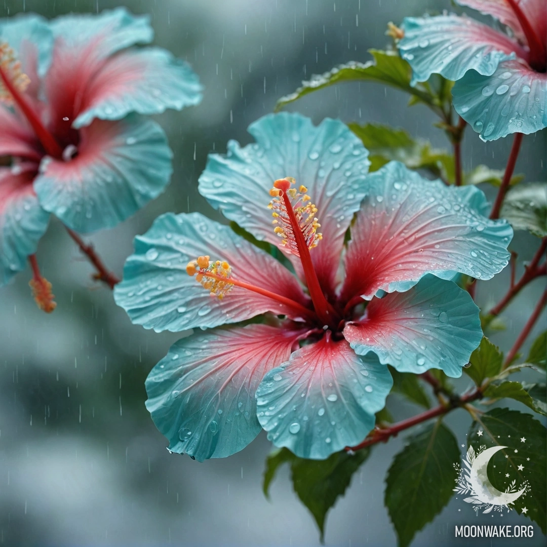 Delicate hibiscus flowers surrounded by mist in a rain-drenched scene.