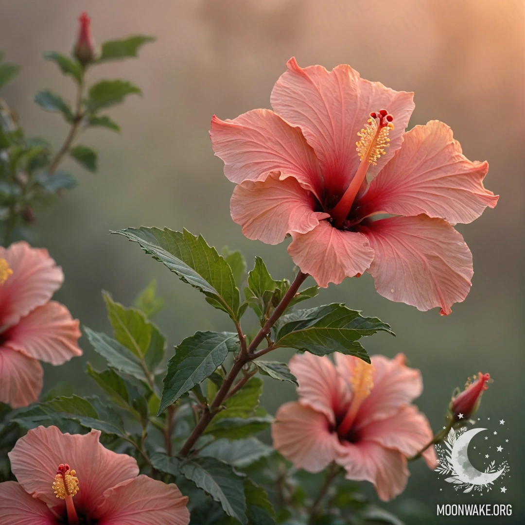 Sweet Hibiscus in the Mist at Sunset A serene scene of sweet hibiscus flowers enveloped in mist during sunset.