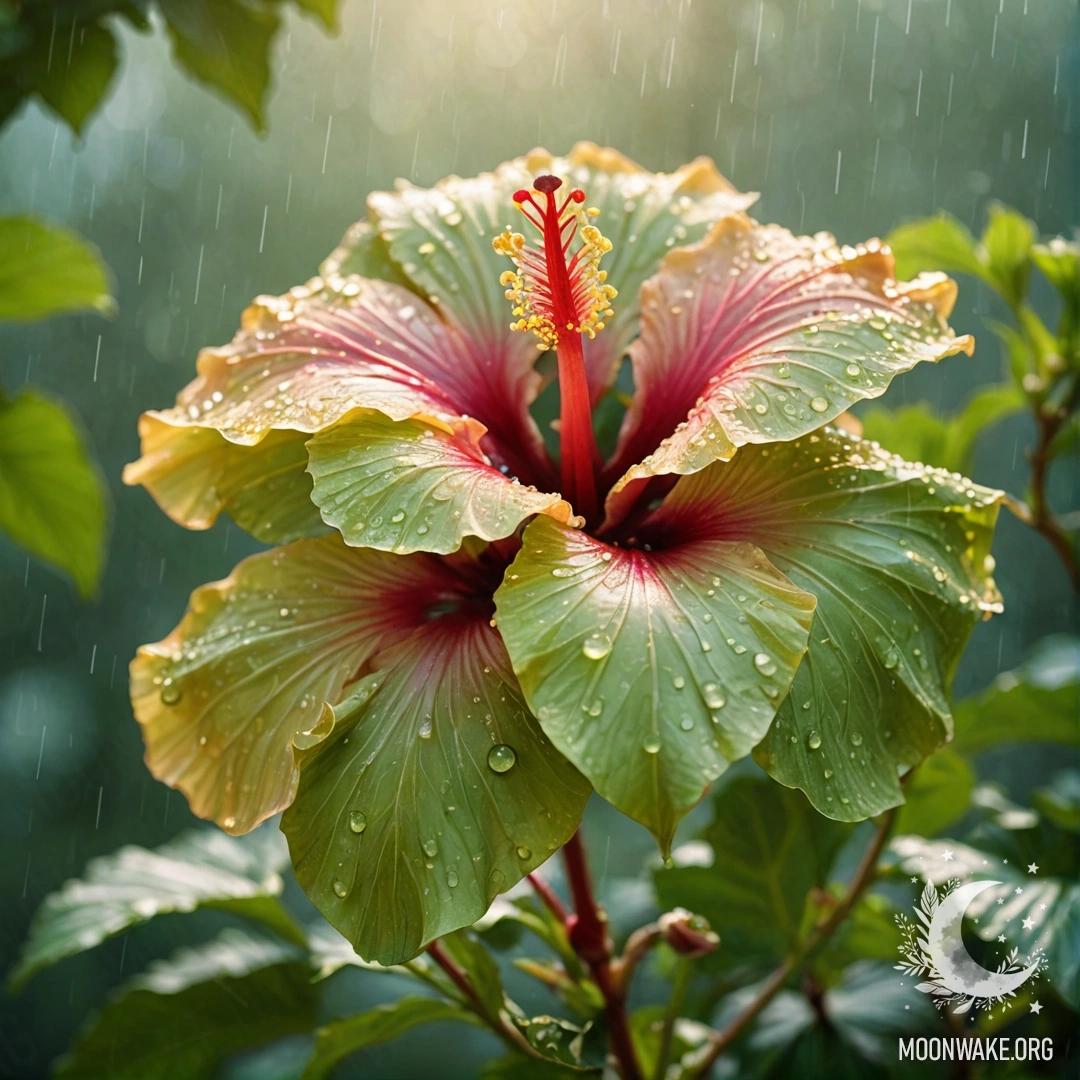 A bouquet of hibiscus flowers in vibrant green under rain with sunlight.