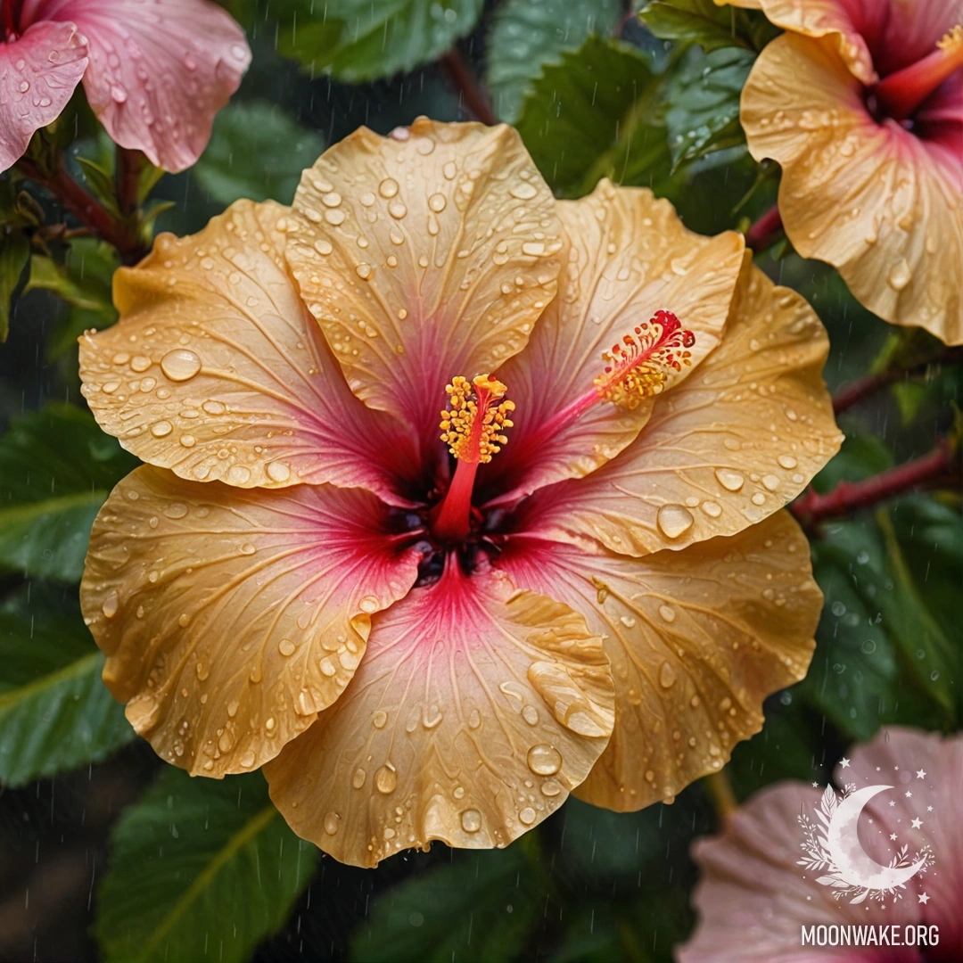 Sweet Hibiscus Under Rain Patterns A golden pastel painting of a hibiscus flower with rain patterns.