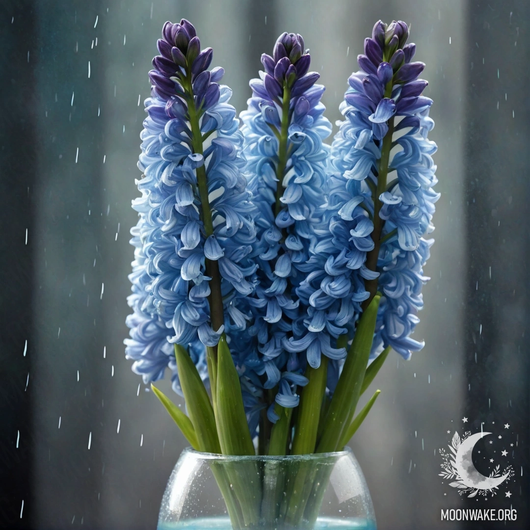 A delicate hyacinth in a vase, surrounded by mist and rain at night.