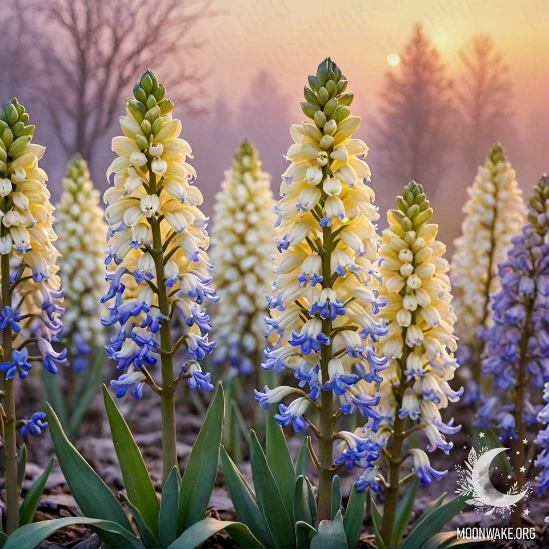 A sweet hyacinth in creamy yellow color surrounded by mist at sunset adorned with rhinestones.