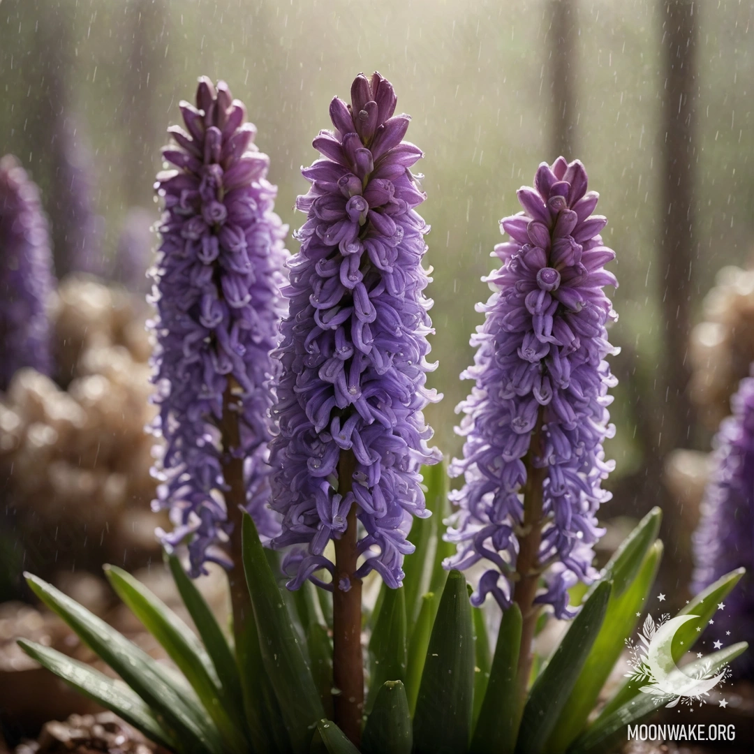 A bouquet of sweet hyacinths in the misty rain with sunlight.