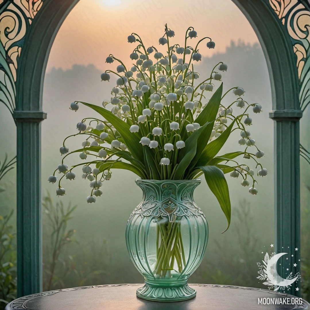 A sweet hyacinth in a greenish-blue basket, surrounded by mist at sunset.