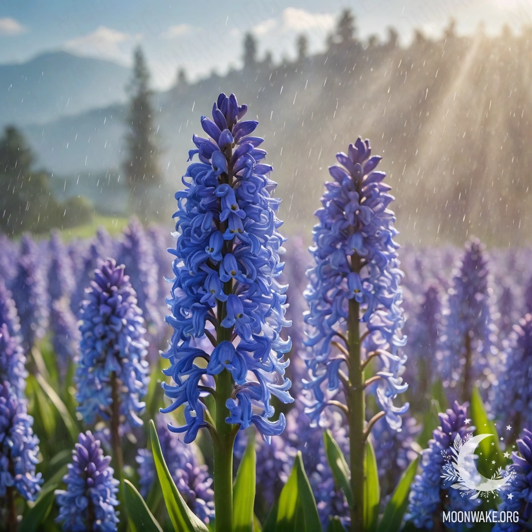A delicate hyacinth surrounded by mist and rain, illuminated by sunny rays in a sky blue background.