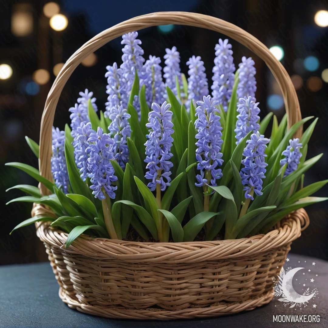 A sweet hyacinth in a lime-colored basket illuminated by moonlight.