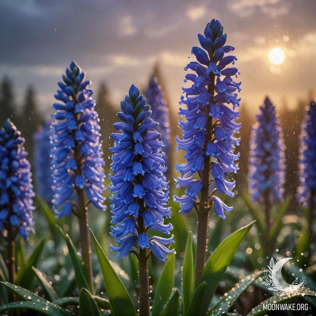 Sweet Hyacinth Under Rain at Sunset A delicate greenish-blue hyacinth soaked in rain during sunset, adorned with sequins.