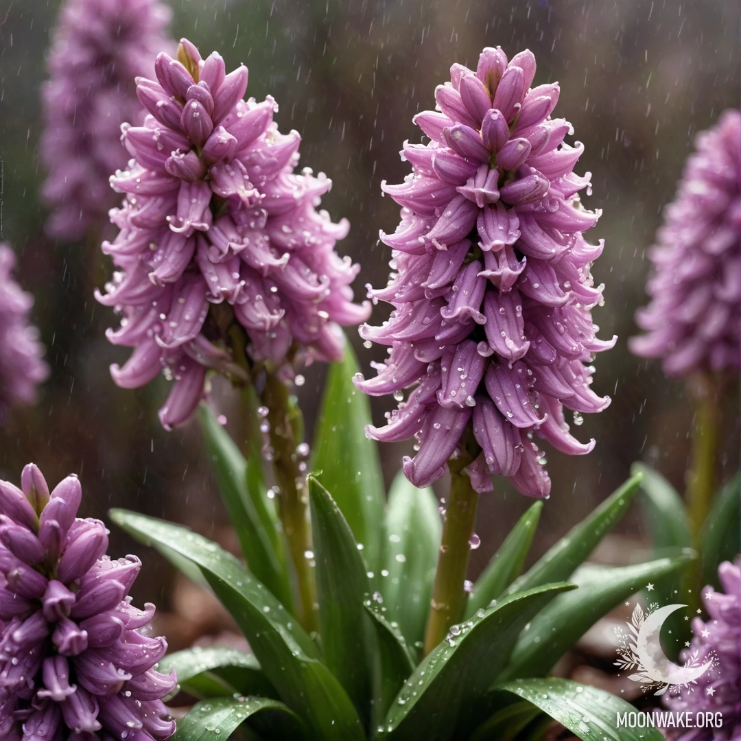 A sweet coffee-colored hyacinth adorned with rhinestones in the rain.