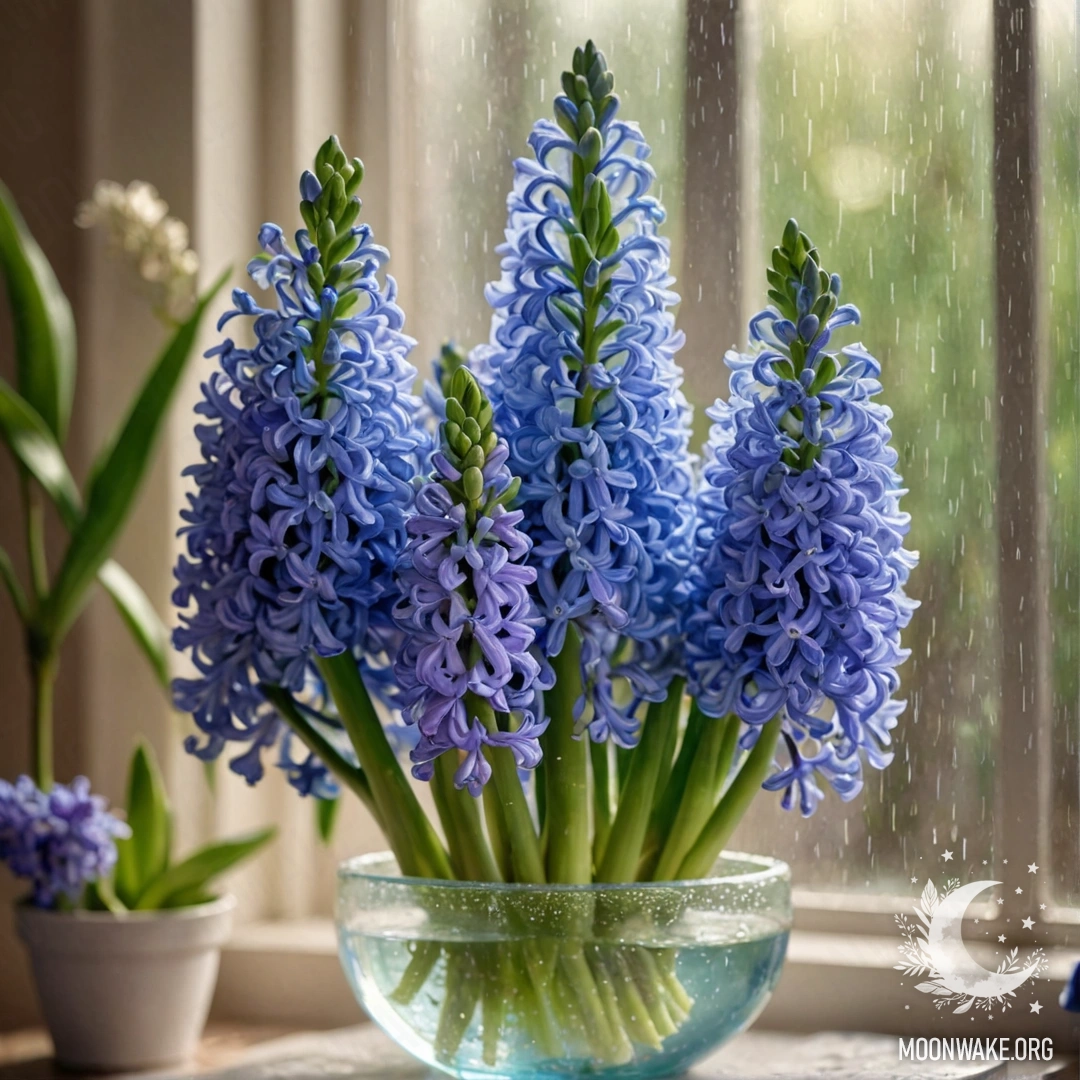 Sweet Hyacinth in Rainy Light A vase with sweet hyacinths in soft rain and sunlight.
