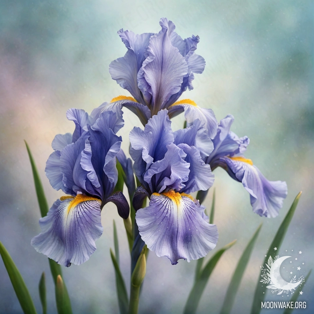 A bouquet of sweet blue iris flowers surrounded by mist.